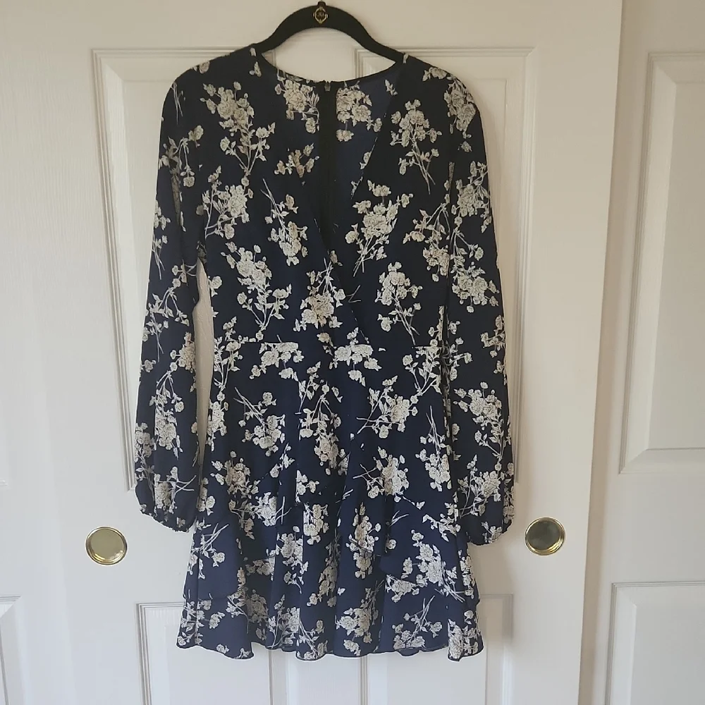 Navy Dark Blue Floral Flirty Faux Wrap Fabric Belt Long Sleeve Dress Size M - Picture 11 of 11